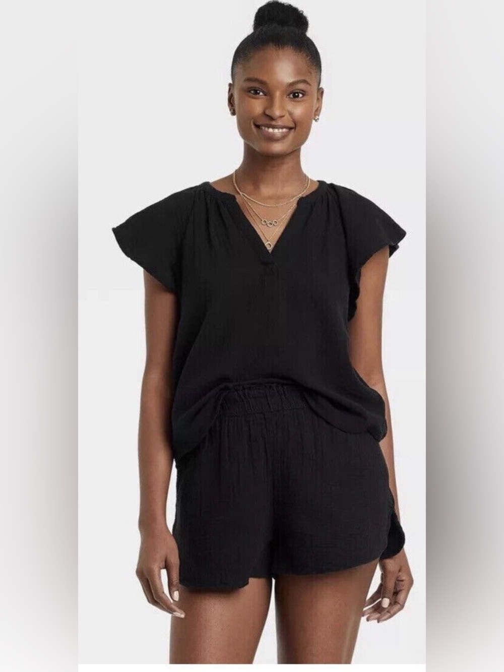 Universal Thread Cotton Woven Top Short Flutter Sleeve Split V Neck